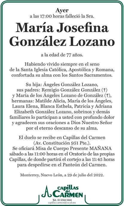 Sra María Josefina González Lozano Obituario Esquela