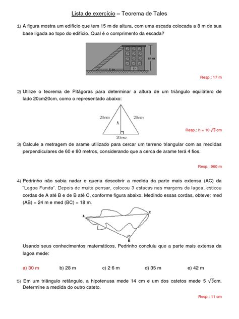 Lista De Exercício Teorema De Pitágoras