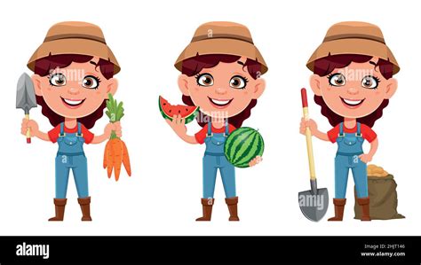 Farmer Woman Cartoon Character Set Of Three Poses Cute Girl Farmer