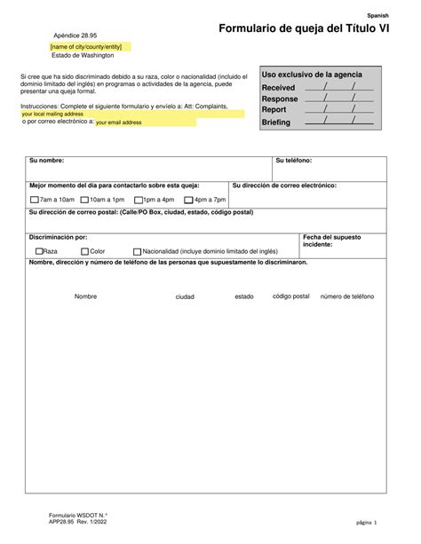 Washington Formulario De Queja Del Titulo Vi Spanish Fill Out Sign