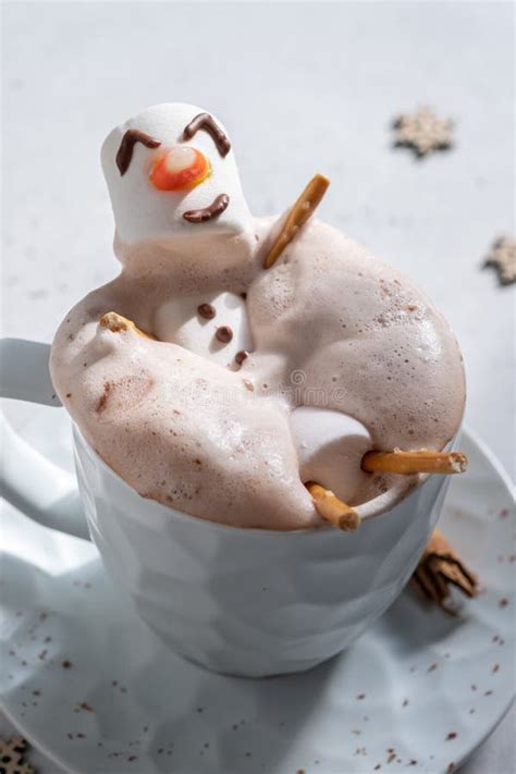 Hot Chocolate With Melted Marshmallow Snowman Stock Photo Image Of
