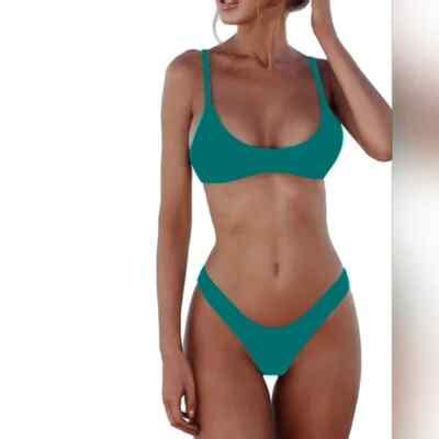 SherryDC Women S Solid Scoop Neck Push Up Padded Brazilian Thong Bikini Set S EBay