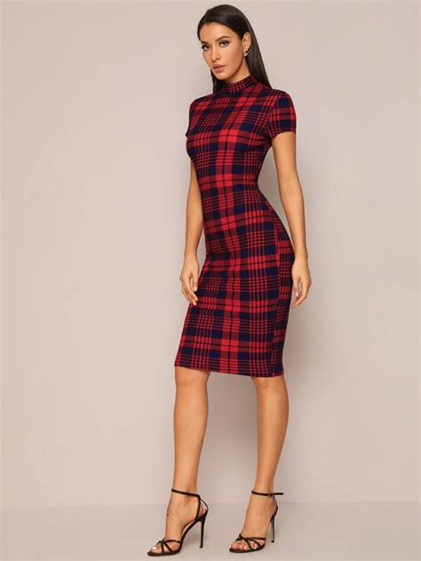 Shein Priv Mock Neck Plaid Form Fitted Dress Shein Usa