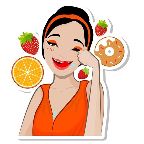 Yummy Cartoon Friendly Brunette Woman Smiles And Squeezing Her Eyes Dreaming Licking Her Lips