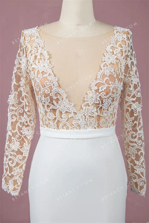 Floral Lace With Nude Mesh Lining Crepe Wedding Dress BETANCY