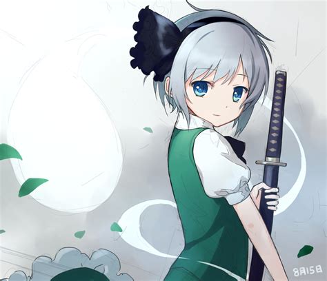 Safebooru Blue Eyes Bust Date Dated Ghost Hairband Hitodama Katana