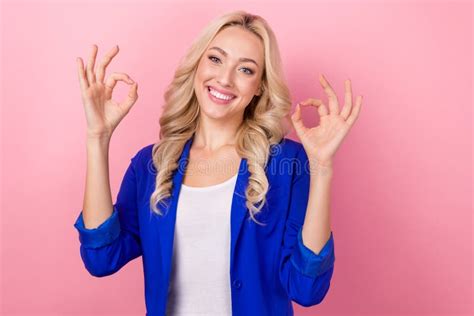 Photo Of Cheerful Young Blonde Wavy Hair Realtor Girl Wear Blue Blazer Recommend New Proposition