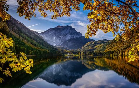 Wallpaper autumn, mountains, branches, lake, reflection, Austria, Alps, Austria, Alps, Upper ...