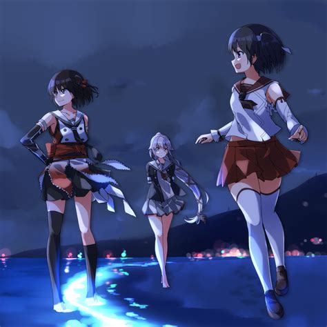 Safebooru 3girls Asymmetrical Legwear Bangs Bare Legs Barefoot Baseu Beach Black Gloves Black