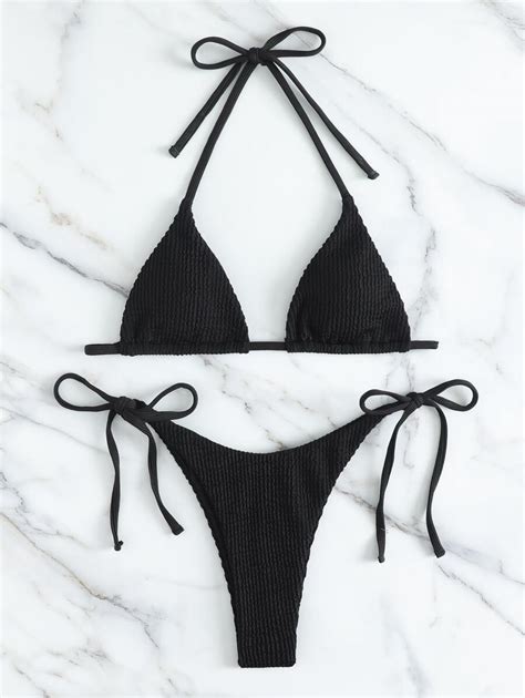 Shein Swim Summer Beach Textured Bikini Set Triangle Halter Micro Bra Thong Bottom Piece