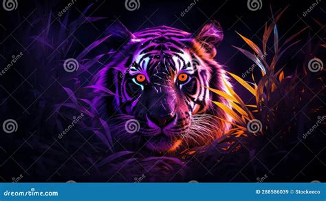 Neon Tiger Grass Darkcore Synthwave Inspired Vray Tracing Art Stock