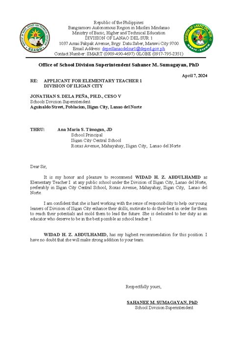 Recommendation Letter Republic Of The Philippines Bangsamoro