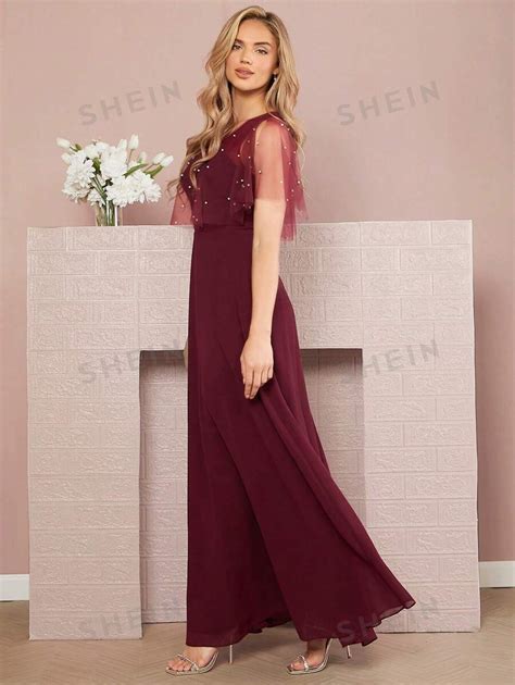 Shein Belle Pearls Beaded Mesh Sleeve Bridesmaid Dress Shein Usa