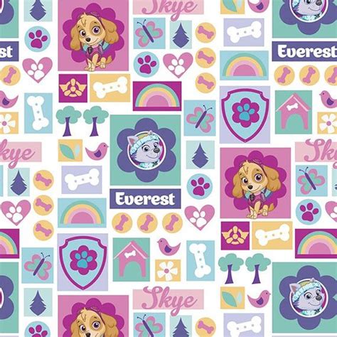 Paw Patrol Sky And Everest Cotton Woven Pink And Teal On White Etsy