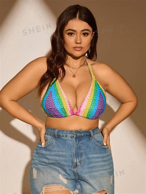 Shein Swim Vcay Top De Bikini Halter De Talla Grande Con Bloque De Color Para Vacaciones De