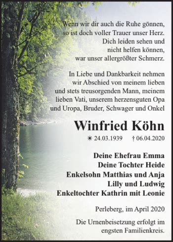 Traueranzeigen von Winfried Köhn Trauer Nordkurier