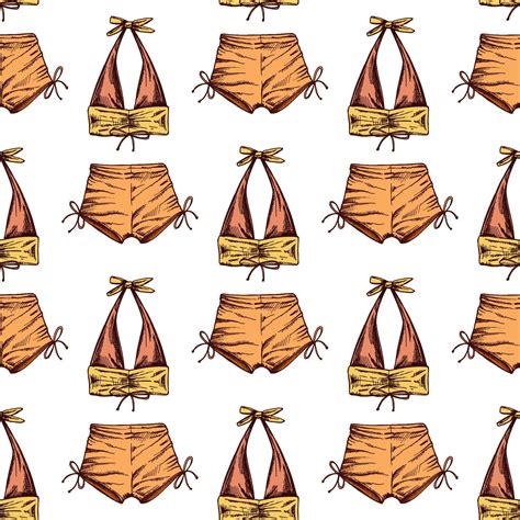 Hand Drawn Colored Seamless Pattern With Bikini And Shorts In Vintage