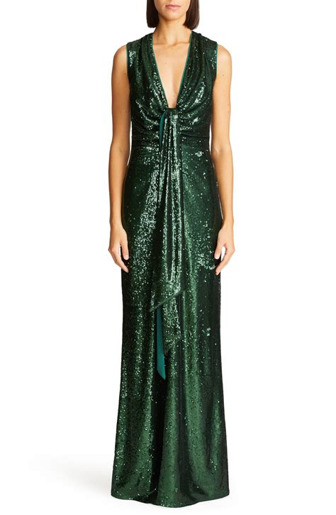 Halston Magdalena Sequin Gown Bottle Green Editorialist