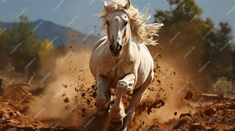 Premium AI Image | A white horse jumping over the soil with blur background