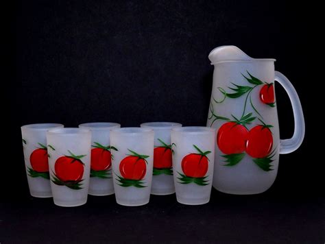Vintage Hazel Atlas Frosted Glass Juice Set Gay Fad Tomato Etsy