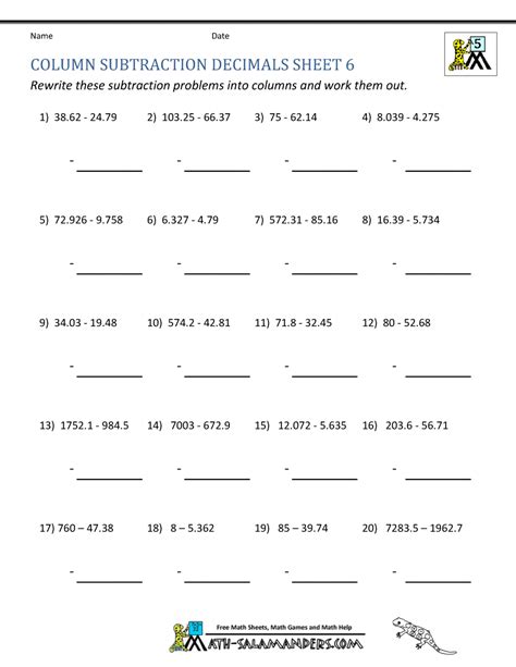 Decimal Subtraction Worksheets