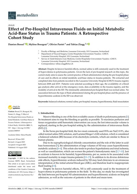 Pdf Effect Of Pre Hospital Intravenous Fluids On Initial Metabolic