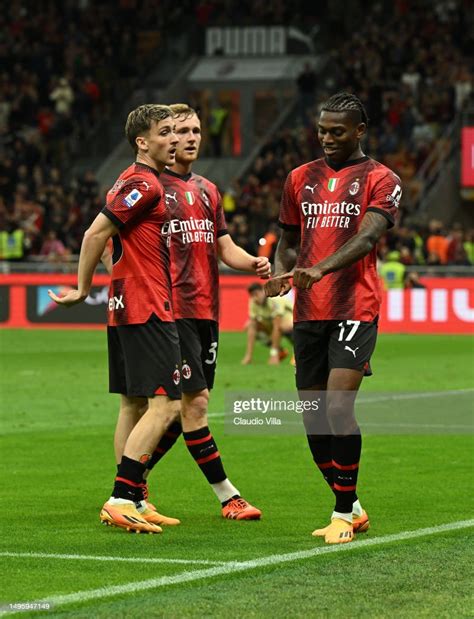 Rafael Leao of AC Milan celebrates with team-mates after scoring the ...