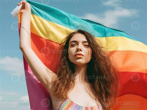 Beautiful Lesbian Model And A Rainbow Flag At Gay Pride Lgbtq Colors Flag Love Freedom