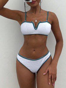 ZAFUL Ribbed Lace Up Whip Stitch V Wired Bikini Swimwear In WHITE ZAFUL