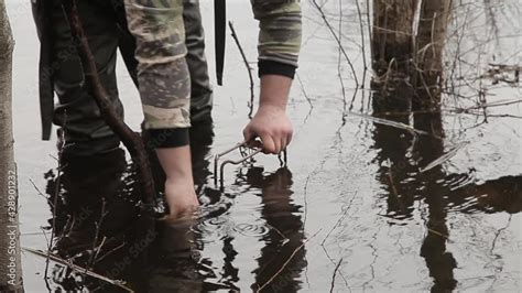 A Male Hunter Sets A Metal Trap For A Beaver Beaver Hunting In A Trap