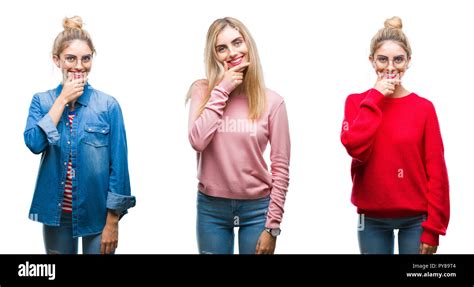 Collage de belle jeune femme blonde sur fond isolé à la confiance à l appareil photo avec