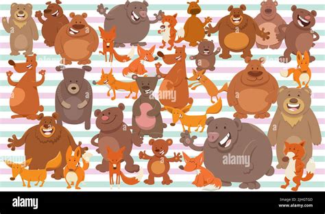 Cartoon Illustrations Of Bears And Foxes Characters Set Or Paper Pack