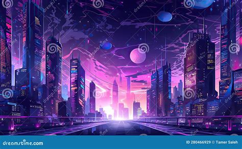 Cyberpunk City Art Purple Desktop Background Wallpaper Stock Illustration - Illustration of ...