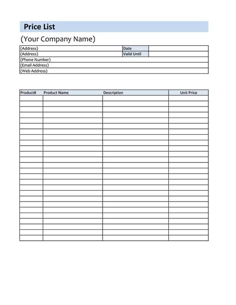 Blank Price List Template - Printable Form, Templates and Letter