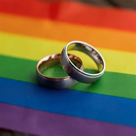 LGBTQ Wedding Rings Placed On A Rainbow Pride Flag Symbolizing Same Sex Marriage Love