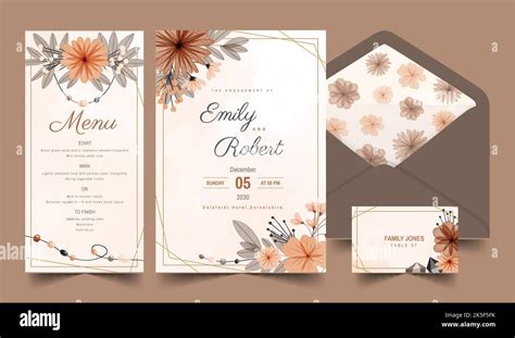 Watercolor Boho Wedding Stationery Set Vector Design Illustration Stock