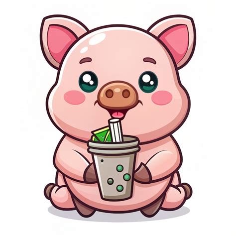 Cute Pig Drinking Boba Milk Tea With Money Bag Cartoon Vector Icon