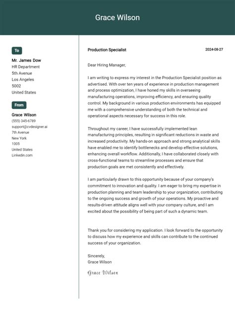 Production Specialist Cover Letter Examples And Samples For 2024 Cvdesigner Ai