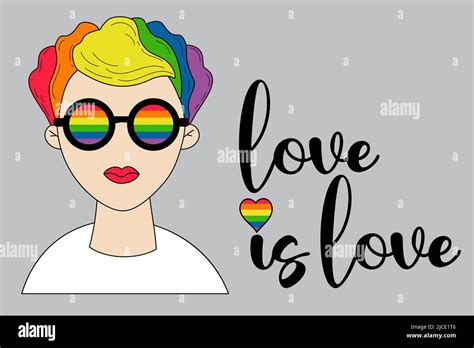 Lgbt Pride Month Lesbian Girl With Rainbow Hair And Glasses In Rainbow Colors Flag Lgbt Pride