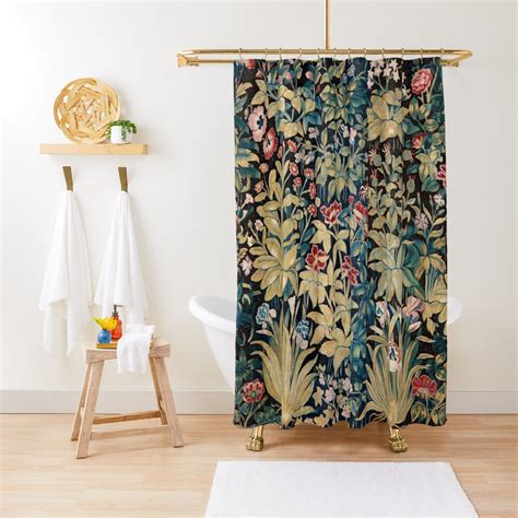 Colorful Flowers Leaves Green Foliage Antique Floral Tapestry Shower