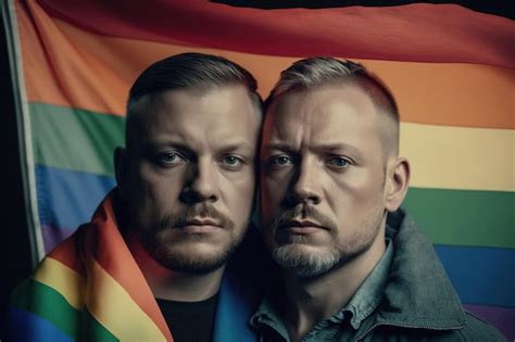 Dos Hombres Adultos Cauc Sicos Gay Mirando A La C Mara Con La Bandera Del Orgullo Gay Del Arco