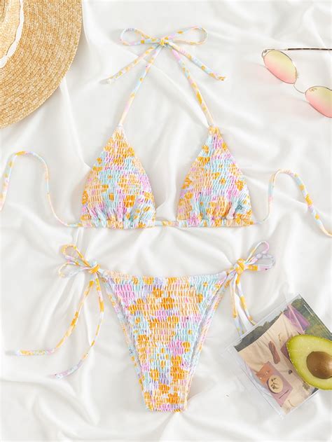 SHEIN Swim Mod Random Floral Print Bikini Set Smocked Halter Triangle Bra Top Tie Side Bikini