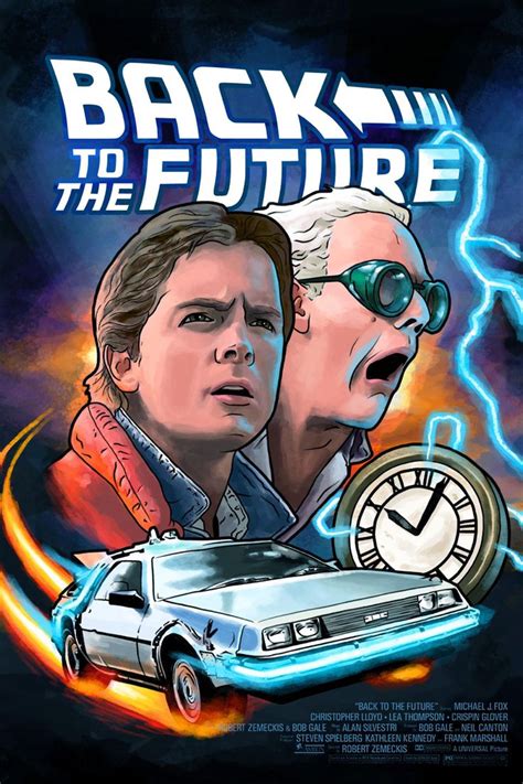 The Back To The Future Movie Poster With Two Men And A Car In Front Of Them