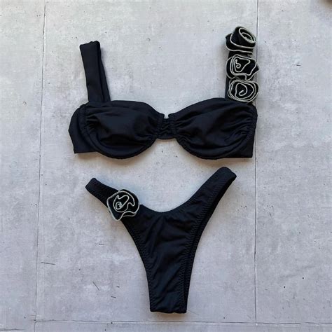 Womens Black Bandeau Bikini Set With Scrunchies Swimwear On Luulla