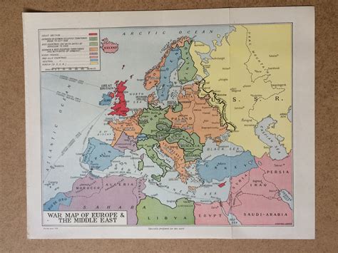 1940s War Map of Europe & the Middle East Original Vintage Map showing