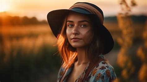 Premium Ai Image A Woman In A Hat Stands In A Field With The Sun Setting Behind Her