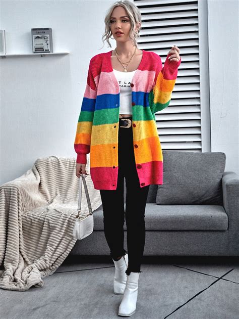 Shein Essnce Button Front Drop Shoulder Rainbow Stripe Cardigan Shein Usa