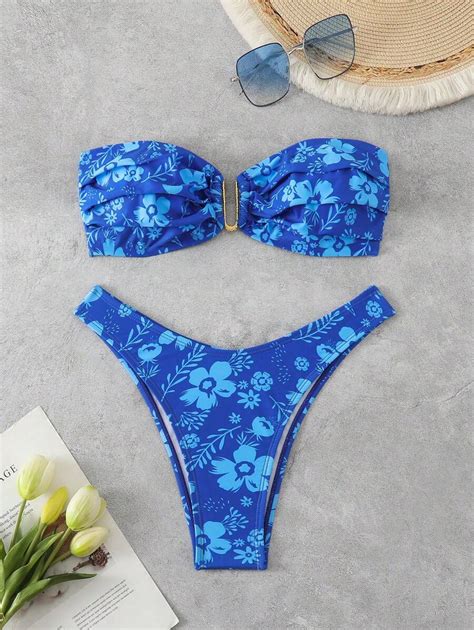Swim Mod Women S Floral Printed Ruched Bandeau Bikini Set Suitable For Holiday For Summer