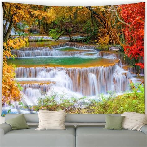 Forest Landscape Tapestry Waterfall Maple Leaves Lake Mountain Autumn