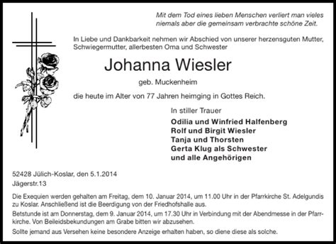 Traueranzeigen Von Johanna Wiesler Aachen Gedenkt